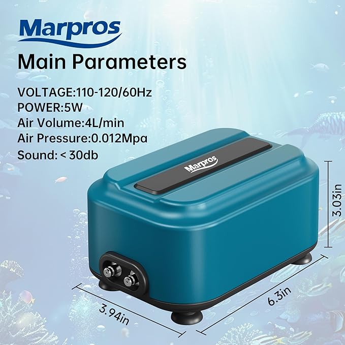 Aquarium Air Pump with Adjustable Double Outlet air Stone Bubbler for Fish Tank, Silent Fish Tank Aerator with Accessories, 2.5W/5W/8W/12W for Up to 300 Gallon Tank