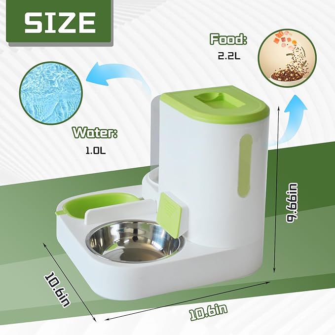 2 in 1 Automatic Cat Feeder & Water Dispenser,Gravity Pet Feeder Stainless Steel Food Water Bowl All-in-One Large Capacity Self Feeding for Cats Dogs Small Medium Pets(Green)