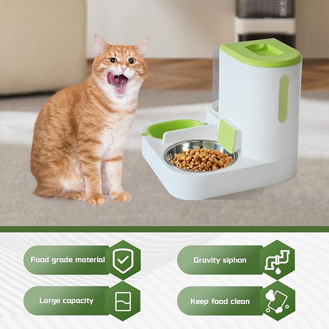 2 in 1 Automatic Cat Feeder & Water Dispenser,Gravity Pet Feeder Stainless Steel Food Water Bowl All-in-One Large Capacity Self Feeding for Cats Dogs Small Medium Pets(Green)
