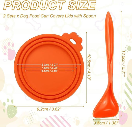 Cat Food Can Covers Lids, Dog Food Can Lids with Spoons Silicone Toppers Reusable Fits 3 Standard Sizes, (Orange, 2Sets), Intended for Dog/Cat/Pet Food