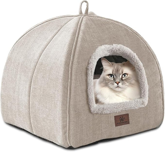 WINDRACING Cat Bed for Indoor Cats - Cat Cave Cat House Cats Tent with Removable Washable Cushioned Pillow, Soft and Self Kitten beds (Large, Beige)