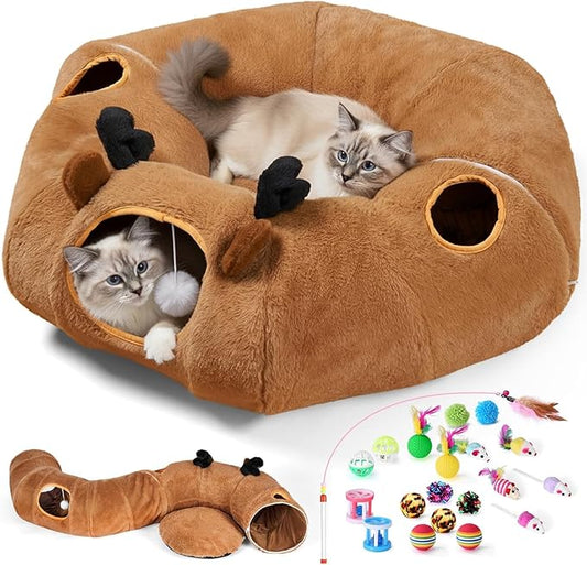 Odoland Reindeer Cat Tunnels Bed with 20 Kitten Toys for Indoor Cats, Plush Cats Couch Tunnel Bed - Kittens Cave Donut Tunnel - Detachable Soft Cat Bed and Variety Kitty Toy Set
