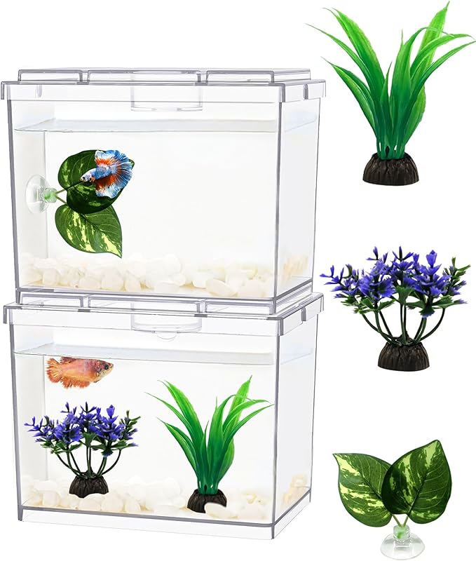 Mini Betta Fish Tank, Small Fish Bowl for Temporary Space, 0.2 Gallon Stackable Cube Tank with Artificial Plants and Gravels for Small Fish, Insect, Shrimp, Crab, Spider.(Pack-2)