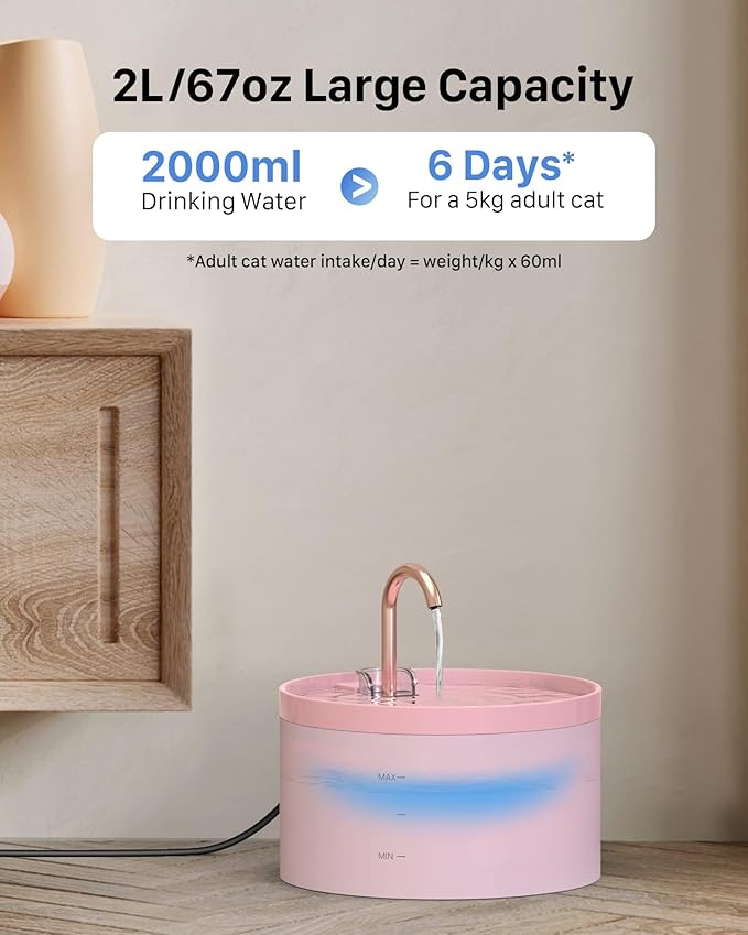 Cat Water Fountain Pink for Drinking: 67oz/2L Cat Fountain - GIOTOHUN Cute Pet Water Fountain for Cats Inside - Quiet Pet Fountain - Faucet Cat Drinking Fountain - Suitable for Kitty & Kitten
