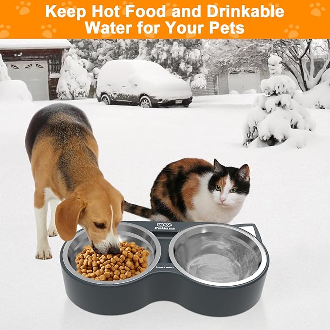 Fuliuna Heated Cat Bowl, Outdoor Heated Pet Bowl with Double Stainless Steel Bowl 23 OZ, Water Food Bowls for Cat Pet, Thermal Pet Bowl Provide Drinkable Water and Hot Food in Winter