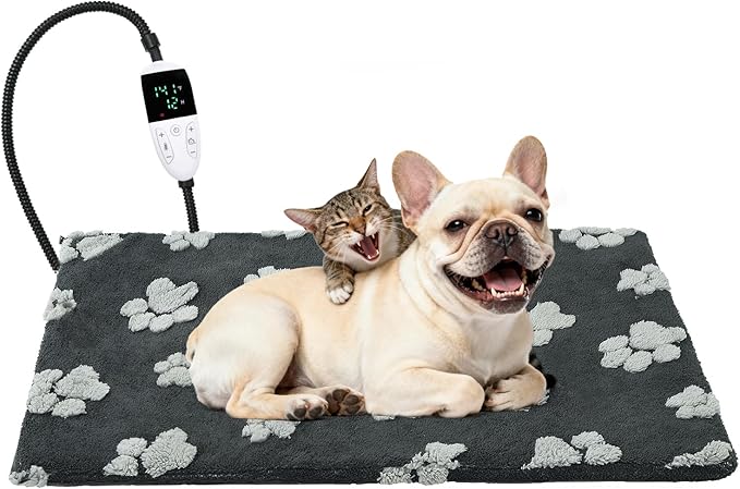 Cat Heating Pad with Smart Thermostat Switch, Heated Puppy Crate Pads with Plush Cover for Small Medium Dogs, 28x18 in with Anti-Bite Cord, Constant on Function, UL&FCC Certification, Indoor Outdoor