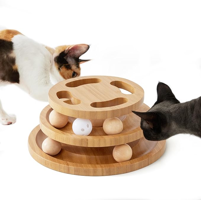 ZOMISIA Cat Ball Track Toy with Puzzle Top, Wooden Cat Toys for Indoor Cats with Spinning Balls, Interactive Large Cat Ball Tower for Kitten Kitty Exercise Mental Physical