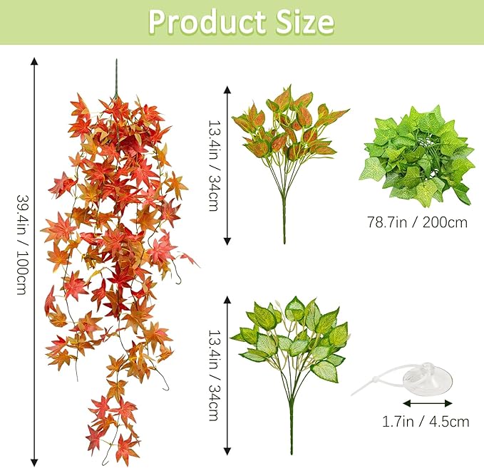 BNOSDM Reptile Plants Habitat Decorations with Suction Cup Terrarium Hanging Plant Bearded Dragon Tank Accessories Artificial Leaves Reptile Hide for Lizard Snake Leopard Gecko Chameleon (Red)