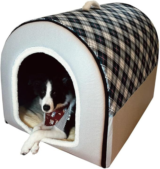Dog Bed,2 Ways to Use,Indoor Pet House with Fluffy Mat,Removable and Washable Cover,Splash-Proof House and Non-Slip Bottom,for Extra Large Dogs(3XL Plaid & Gray)