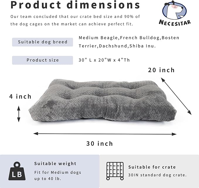 Medium Dog Beds for Crates Washable 30 Inch Dog Crate Bed Soft and Fluffy Pads for Cages Up to 40 lbs Pet Bed Mat Pillows Kennel Pads for Crates Jacquard Dark Grey