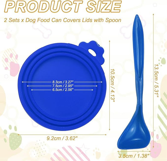 Cat Food Can Covers Lids, Dog Food Can Lids with Spoons Silicone Toppers Reusable Fits 3 Standard Sizes, (Cobalt Blue, 2Sets), Intended for Dog/Cat/Pet Food