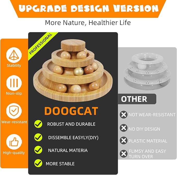 DoogCat Cat Ball Track - 3-Level Cat Ball Tower with 9 Removable Balls for Interactive Play and Mental, Physical Exercise - Large Size