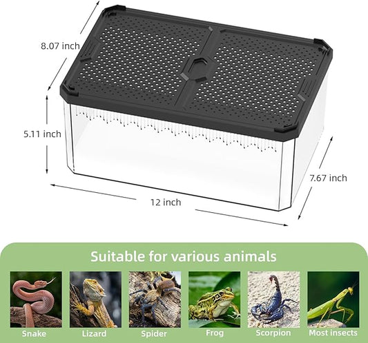 XIGETRAIL Transparent Portable Reptile Terrarium Habitat, Reptile Feeding Box for for Gecko, Tarantula, Scorpion, Spider, Hermit Crab,Frog (12" x 7.7" x 5.1" Black)