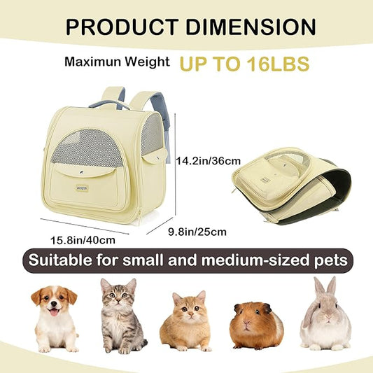 Cat Carrier Backpack,Large Space Animal Carrier Backpacks for Small Dogs Kitten and Medium Cats, Comfort & Safety,Design Reduces Pressure for Travel Outdoor and Vet Visits (Yellow)