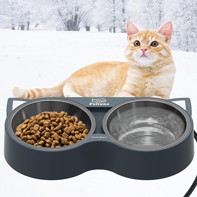 Fuliuna Heated Cat Bowl, Outdoor Heated Pet Bowl with Double Stainless Steel Bowl 23 OZ, Water Food Bowls for Cat Pet, Thermal Pet Bowl Provide Drinkable Water and Hot Food in Winter