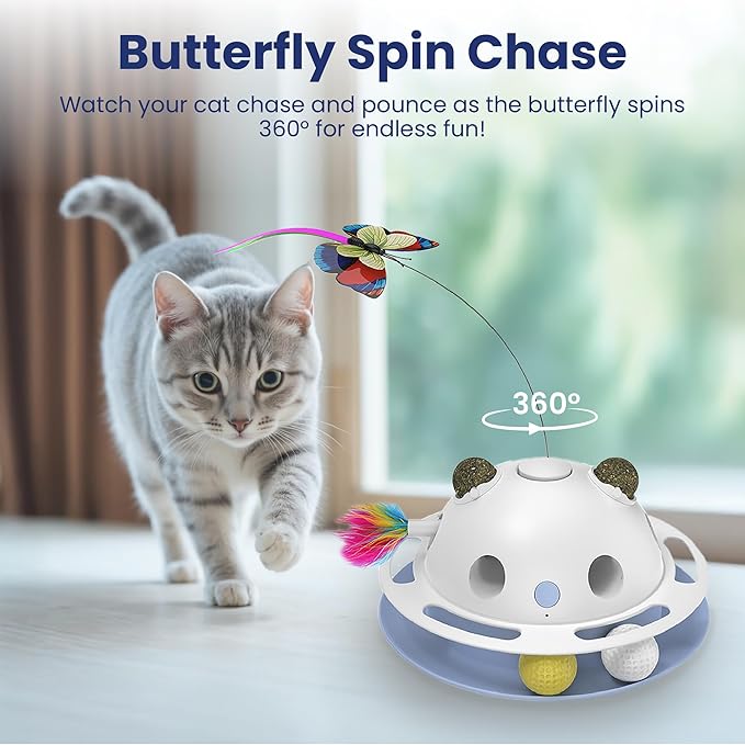 PAWSPIK Feather Frenzy 4-in-1 Interactive Cat Toy – Butterfly, Feather, Catnip Ball & Track Ball Play – Motion Activated, USB or Battery Powered – White