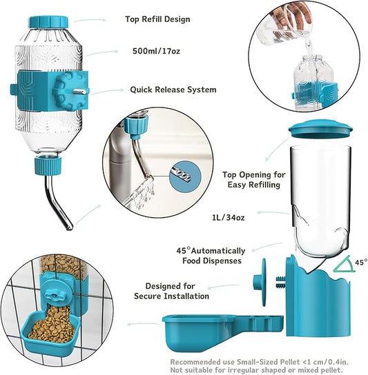 Automatic Pet Food Water Dispenser, Auto Gravity Pet Feeder Water Bottle Set for Cage, Feeding Station for Puppy Kitten Rabbit Guinea Pigs Chinchilla Ferret Hedgehog (Blue)