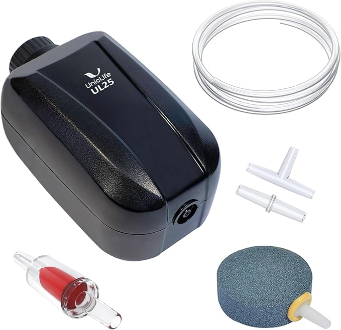 Uniclife UL Certified Aquarium Air Pump, Quiet Fish Tank Oxygen Pump for Small Aquariums with Airline Tubing, Air Stones and Check Valve