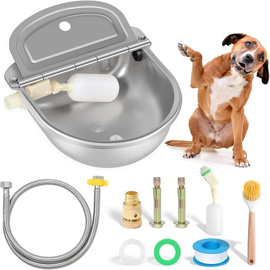 BinetGo Outdoor Automatic Water Dispenser for Dogs, Stainless Steel Bite Resistant Automatic Dog Water Bowl with Drain Plug, Outside Auto Refillable Water Bowl with Float for Goat Livestock