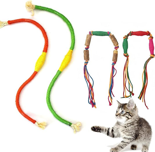 IUHKBH Silvervine Sticks for Cats, 4 PCS Colorful Chew Ropes with Refillable Natural Catnip Bag for Teeth Cleaning Interactive Cat Catnip Toys for Indoor Cats, Kitten Teething Toys for All Breeds