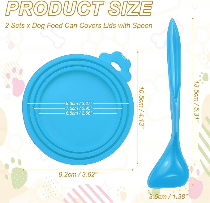 Cat Food Can Covers Lids, Dog Food Can Lids with Spoons Silicone Toppers Reusable Fits 3 Standard Sizes, (Sky Blue, 2Sets), Intended for Dog/Cat/Pet Food