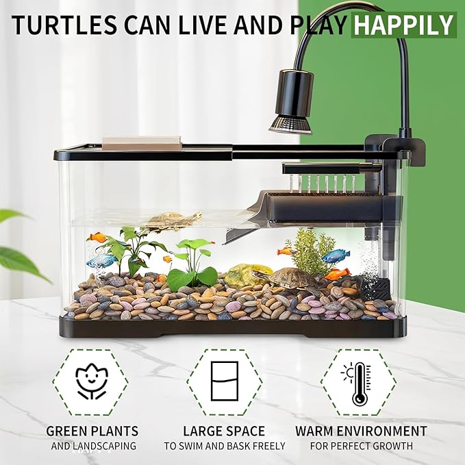 (Tank + Light +Pump + Filter + Filter Balls) Turtle Tank Kit, Turtle Tank Starter Kit,Bottom Drainage, Multi-Function Areas for Turtles, Crabs,Fishes, Amphibians,Reptiles. (21.65 x 12.28 x12.28 Inch)