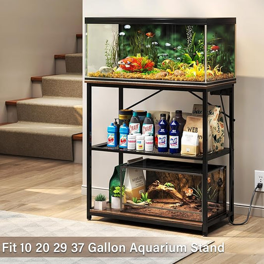TC-HOMENY Fish Tank Stand 10/20/29/37 Gallon, Aquarium Stand with Charging Station,1000LB Capacity ,31" L x 16" W Metal Reptile Tank Stand, Double Storage Design Adjustable Boards, Brown(Tank not Included)