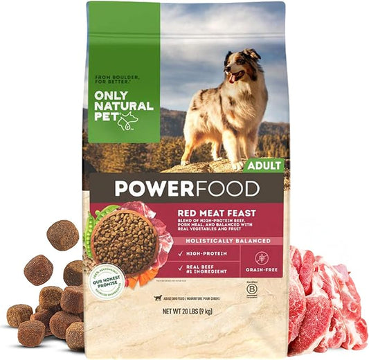 Only Natural Pet Dry Dog Food Canine PowerFood Formula - Paleo Inspired Formula with No Grain, Soy, Corn, Wheat or Oats - Red Meat Feast 20 lb Bag