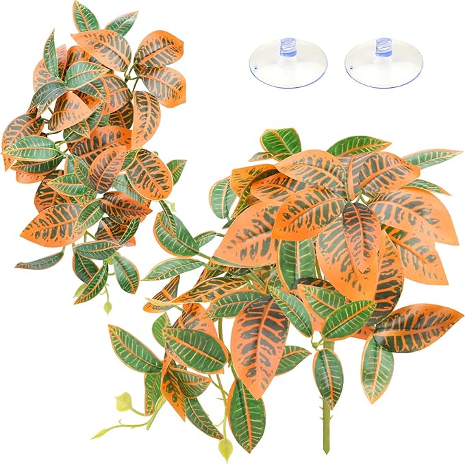 2 Pack Reptile Plants, Artificial Hanging Plants with Suction Cups, Habitat Decor Plastic Vines Decorations for Bearded Dragons Lizards Snake Geckos Frogs -Gold