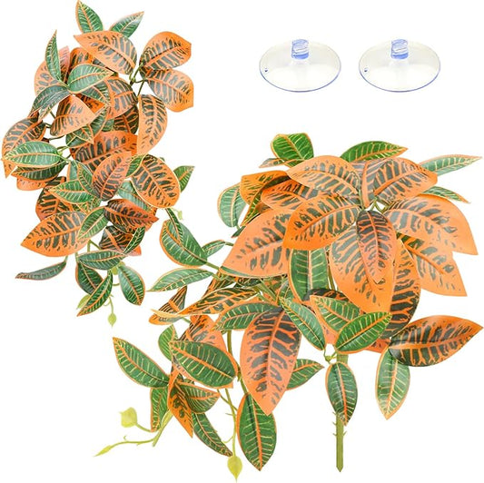 2 Pack Reptile Plants, Artificial Hanging Plants with Suction Cups, Habitat Decor Plastic Vines Decorations for Bearded Dragons Lizards Snake Geckos Frogs -Gold