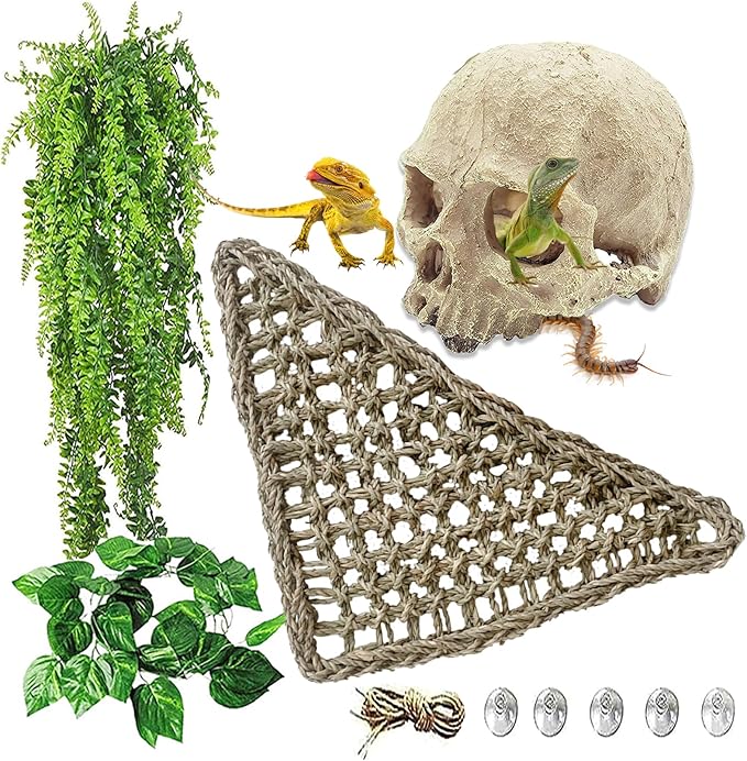 kathson Reptile Habitat Skull Decoration Bearded Dragon Tank Accessories Resin Human Skulls Hide Cave Hanging Vines Plant for Lizards Tortoise Snake Chameleon Spider Reptiles Amphibians(4 PCS)