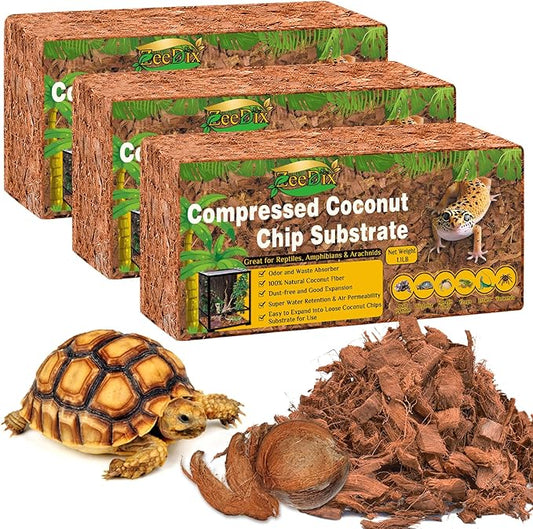 ZeeDix 3PCS Coconut Husk for Reptiles, Organic Coconut Chips Substrate Coco Husk Snake Bedding, Coco Coir Chips Reptile Substrate for Ball Python, Tortoises, Geckos, Lizards, Hermit Crab, Lizard