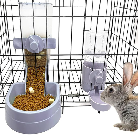 kathson Rabbit Food Water Dispenser Pet Cage Automatic Feeder 2L Food Dispenser 17oz Waterer Small Animal Hanging Bottle Bowl Set for Rabbit Cat Small Dog Ferret Puppy