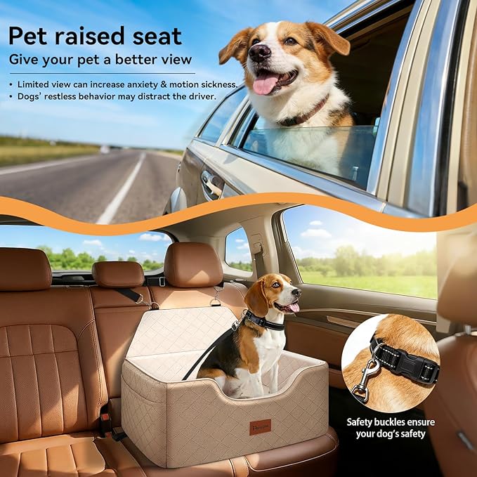 Dog Car Seat for Large-Medium Dogs: Pet Car Seat, Detachable Washable Dog Booster Seat, Pet Travel Bed with Storage Pockets and Dogs Safety Belt (Coffee, Large)