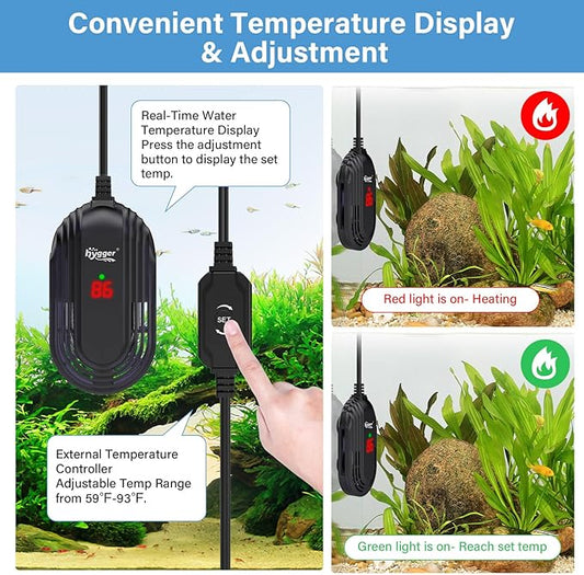 hygger Small Aquarium Heater, 15W Submersible Betta Fish Tank Heater with Adjustable Temperature External Controller, Turtle Heater with LED Display for up to 2.5 Gallon Tanks