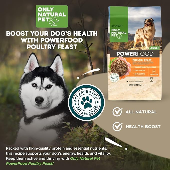 Only Natural Pet Dry Dog Food Canine PowerFood Formula - Paleo Inspired Formula with No Grain, Soy, Corn, Wheat or Oats – Poultry Feast 20 lb Bag