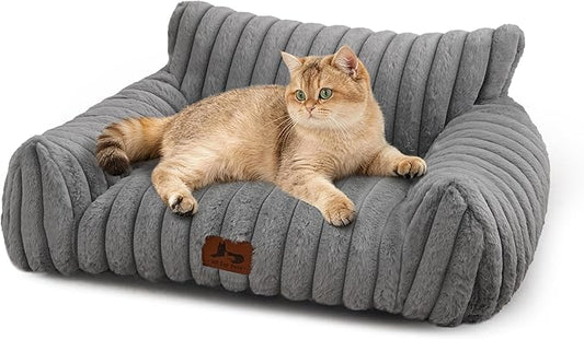 Warmrest Cat Couch for Pets, Cute Cat Bed with Cozy Soft Faux Rabbit Fur for Kitten, Fuzzy Cats Sofa for Indoor Cats, Supportive Pet Sofa with Removable Washable Cover, Light Gray, 24"