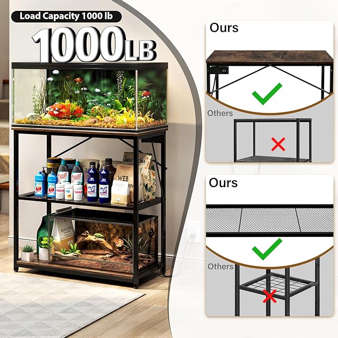 TC-HOMENY Fish Tank Stand 10/20/29/37 Gallon, Aquarium Stand with Charging Station,1000LB Capacity ,31" L x 16" W Metal Reptile Tank Stand, Double Storage Design Adjustable Boards, Brown(Tank not Included)