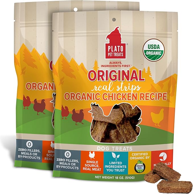 PLATO Pet Treats Real Strips - Air-Dried Meat Bars for Dogs - Delicious, Limited Ingredient Dog Treats - Grain Free Dog Treats - Original Real Strips Organic Chicken 18oz - 2 Pack