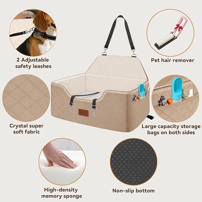 Dog Car Seat for Large-Medium Dogs: Pet Car Seat, Detachable Washable Dog Booster Seat, Pet Travel Bed with Storage Pockets and Dogs Safety Belt (Coffee, Large)