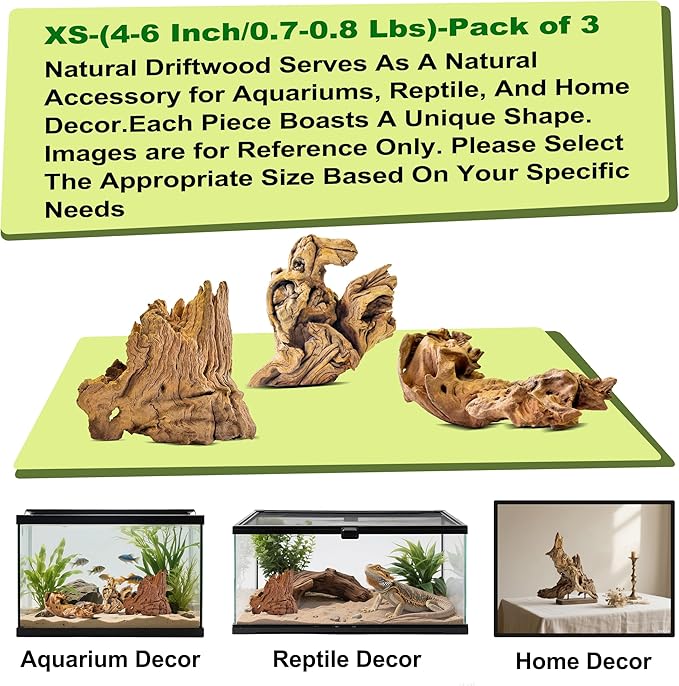 Natural Driftwood for Aquarium Decor,Reptile Habitat&Home DIY Decor,Naturally Unique Shapes Weathered Wood,Easy to Use XS-(4-6 Inch/0.7-0.8 Lbs)-Pack of 3