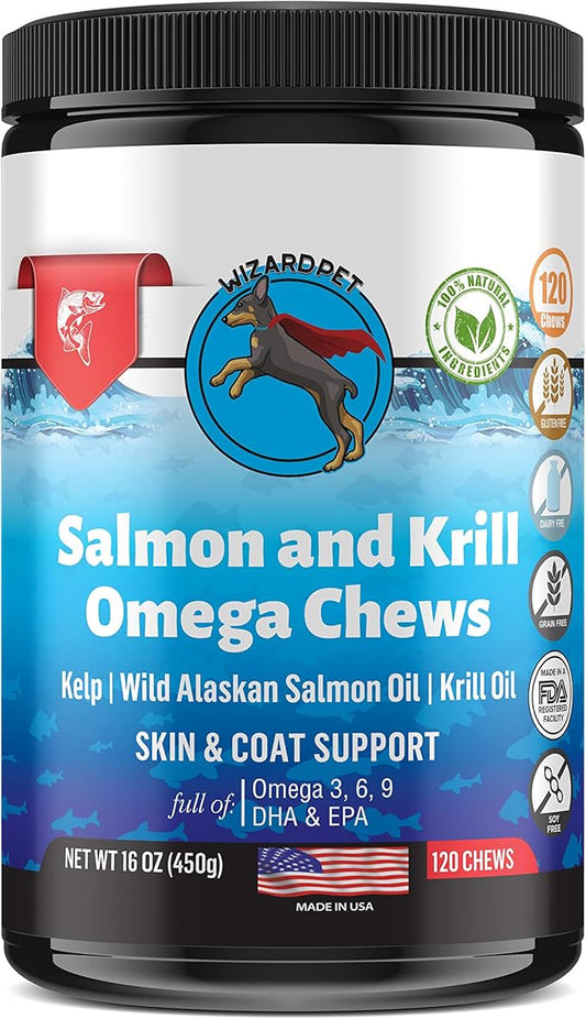 WIZARDPET Wild Alaskan Salmon Krill Oil Chews for Dogs - 120 Soft Treats - Omega 3 6 9 Fish Supplement EPA, DHA for Itch-Free Skin Coat Joints - Allergy Relief - Reduce Hair Shedding - Made in USA