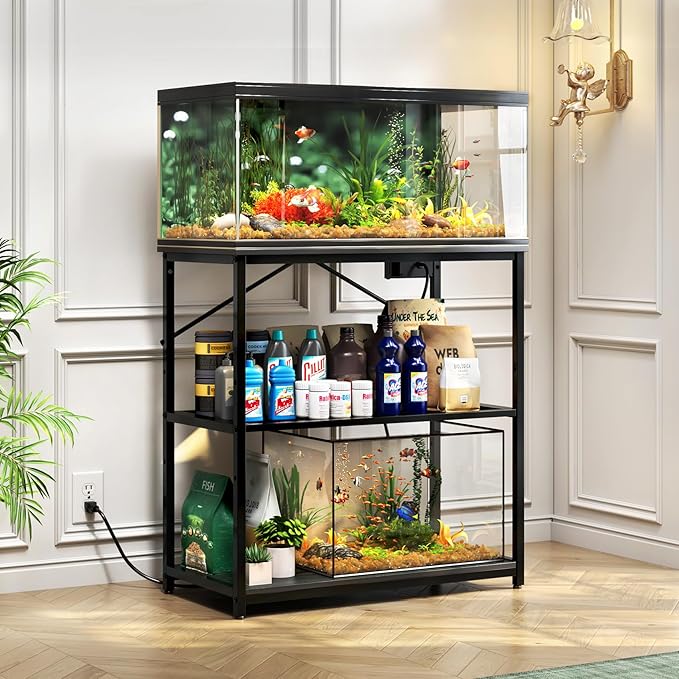 TC-HOMENY Fish Tank Stand 10-20-29-37 Gallon, 1000LB Capacity Aquarium Stand with Charging Station，31" L x 16" W Metal Reptile Tank Stand, Double Storage Design Adjustable Boards, Black (Tank not Included)