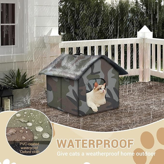 Outdoor Cat House for Outdoor Cats, Feral Cat House for Winter, Collapsible Stray Cat Shelter with Mat, Door and Edging Nails, Easy to Assemble (Green)