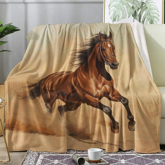 zcwl Brown Horse Blanket Twin Size, Western Desert Run Animal Fleece Throw Blanket for Couch Bed Sofa, Horse Patterned Blankets and Throws, Super Soft Cozy Plush Flannel Blanket, 60x80, Decor & Gift