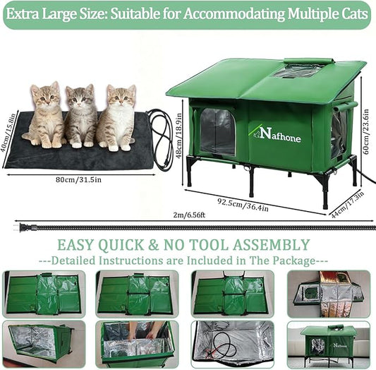 Heated Cat House for Outside Winter, Extra Large Size Insulated Weatherproof Outdoor Elevated Cat House, Cat Shelter with Heating Pad & Escape Door for Feral Stray Barn Cats Kitty (36.4"x17.3"x23.6")