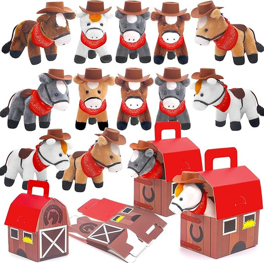 12 Pcs Mini Plush Horse Stuffed Animal with Keychain, Horse Party Favors Goodie Bags, Animals Bulk Gift Toys with Carton Horse House for Birthday Party Supplies
