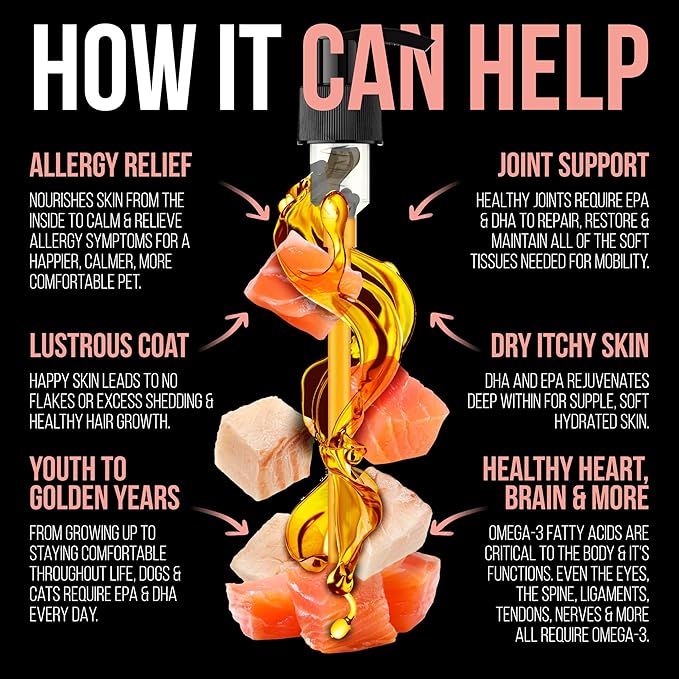 Pure Wild Alaskan Salmon Oil for Dogs & Cats Skin and Coat - Fish Oil Liquid with Pump - Supports Joint Function, Immune & Heart Health - Omega 3 Liquid Food Supplement - All Natural EPA + DHA - 16oz