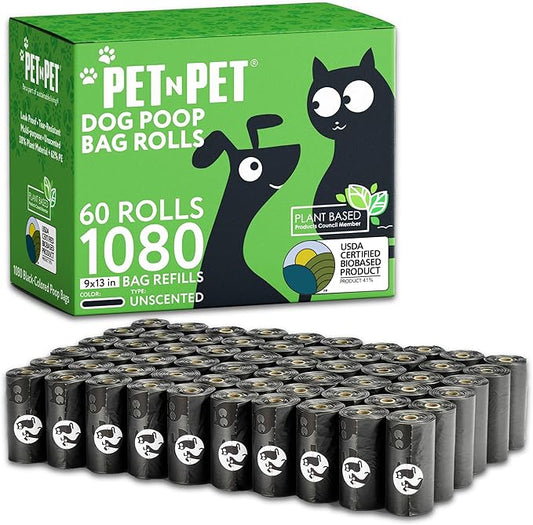 Pet N Pet 1080 Counts Black Poop Bags for Dogs, 41% Plant Based & 59% PE Extra Thick Dog Poop Bags Rolls, 9" x 13", Unscented Pet Waste Bag
