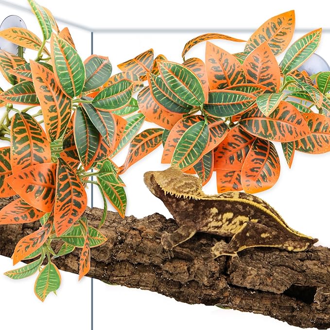 2 Pack Reptile Plants, Artificial Hanging Plants with Suction Cups, Habitat Decor Plastic Vines Decorations for Bearded Dragons Lizards Snake Geckos Frogs -Gold
